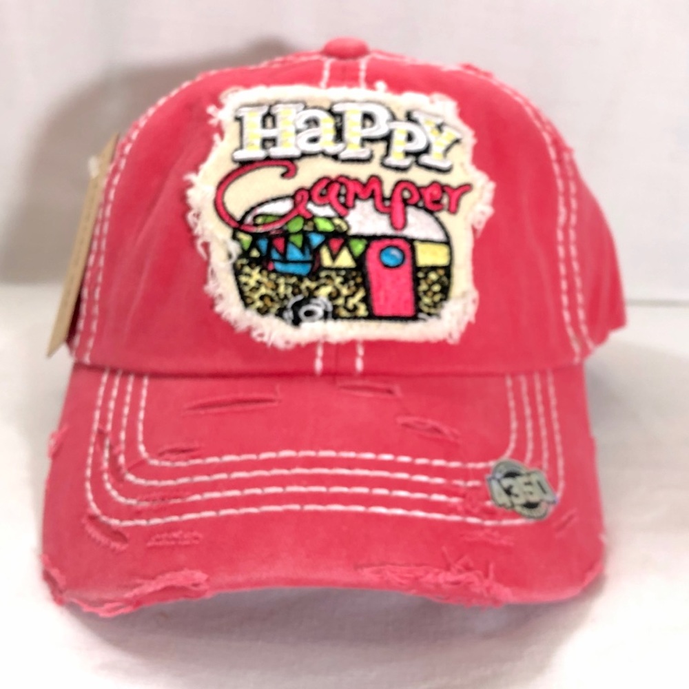 Happy Camper Vintage Distressed Pink Baseball Cap